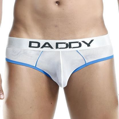 White mesh daddy ddj001 bikini briefs with blue trim and black lettering showing front view