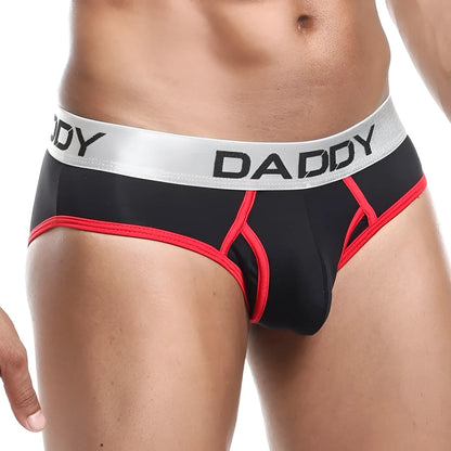 Black daddy brand briefs daddy DDJ005 with red trim and silver waistband featuring bold black lettering
