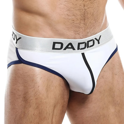 White daddy brand briefs d DJ008 with navy blue trim and silver waistband featuring black lettering front view