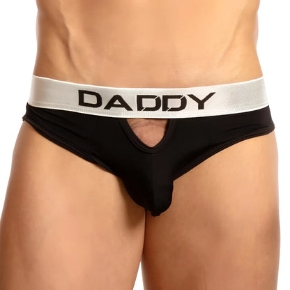 Black daddy brand Daddy DDJ009 brief with a silver waistband, bold black lettering, and central cutout design