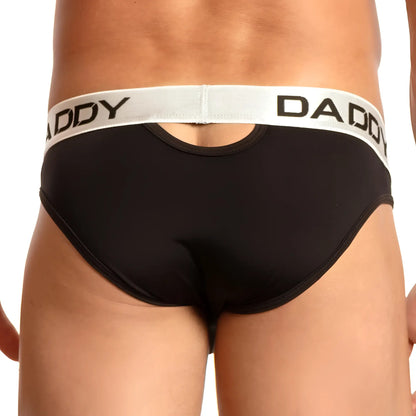 Black daddy ddj009 brief with white elastic waistband featuring bold black daddy lettering front view