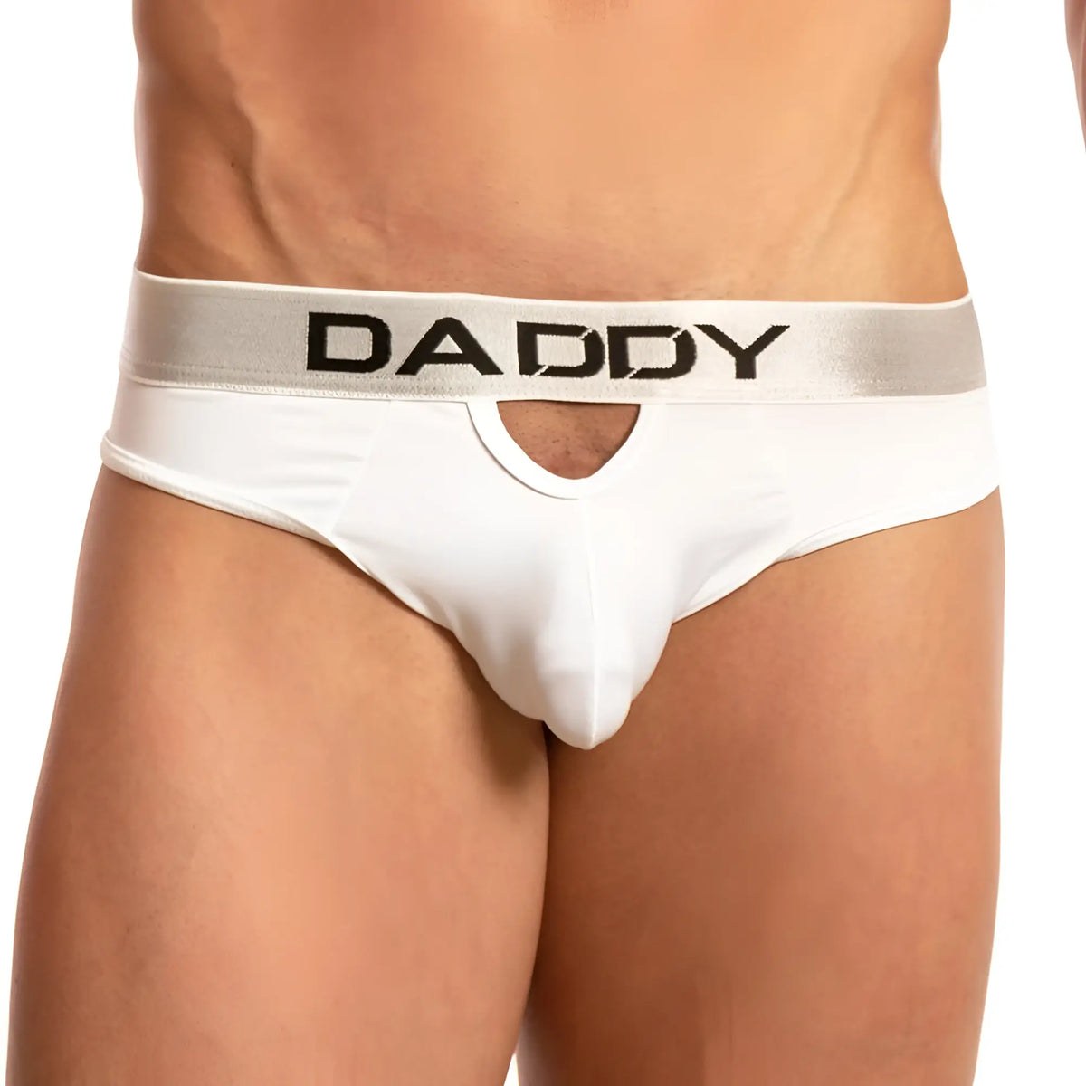 White menâ€™s Daddy DDJ009 brief underwear with silver waistband and central cutout featuring black daddy lettering