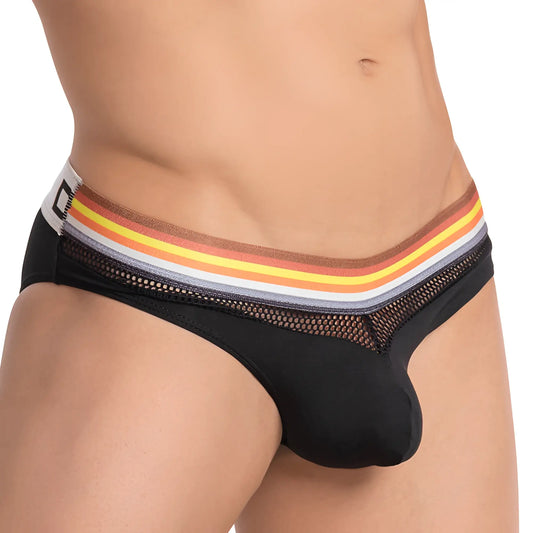 Daddy DDJ012 brief black mesh briefs with colorful striped waistband in brown orange yellow and gray hues