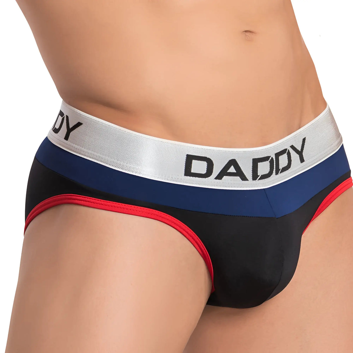 Black navy blue and red daddy ddj013 menâ€™s briefs with silver waistband and bold daddy lettering