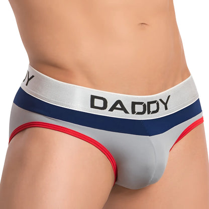 Gray menâ€™s briefs daddy ddj013 brief with navy blue and red trim and black lettering on white waistband