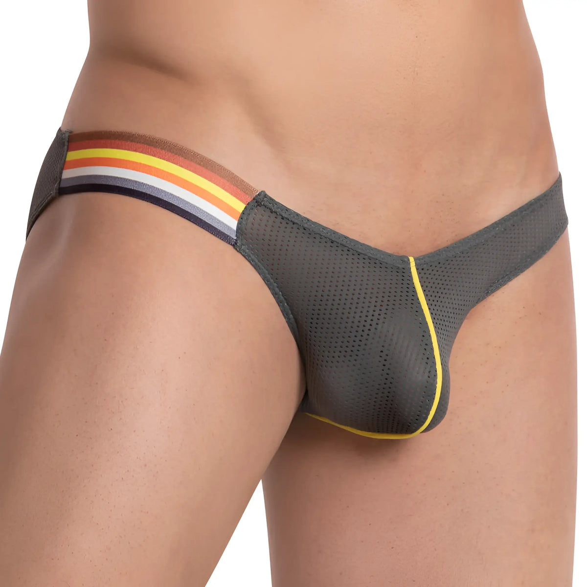 Gray mesh thong brief daddy ddj015 with colorful striped waistband and yellow trim visible from the back side