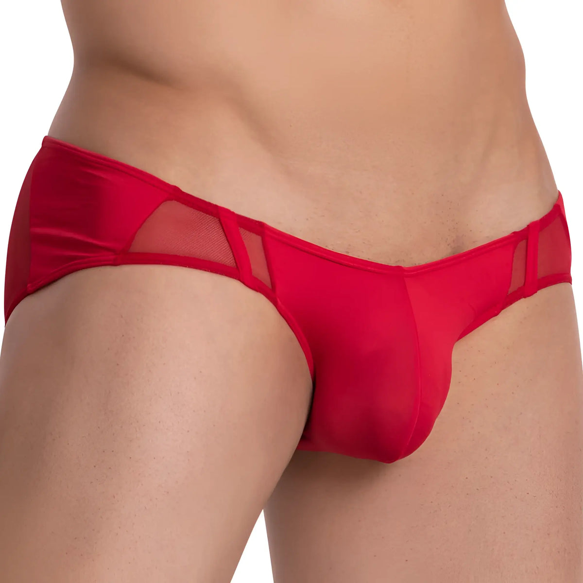 Daddy DDJ016 brief red sheer mesh with solid red satin waistband and side panels front view