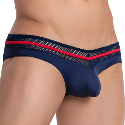 Navy blue mesh briefs with bold red waistband trim daddy ddj017 brief front view