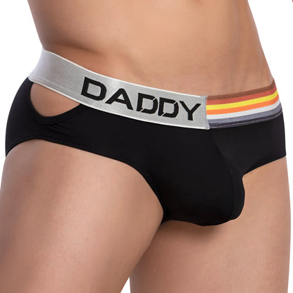 Black mens briefs daddy ddj019 with silver waistband and rainbow stripe pattern featuring bold black daddy text