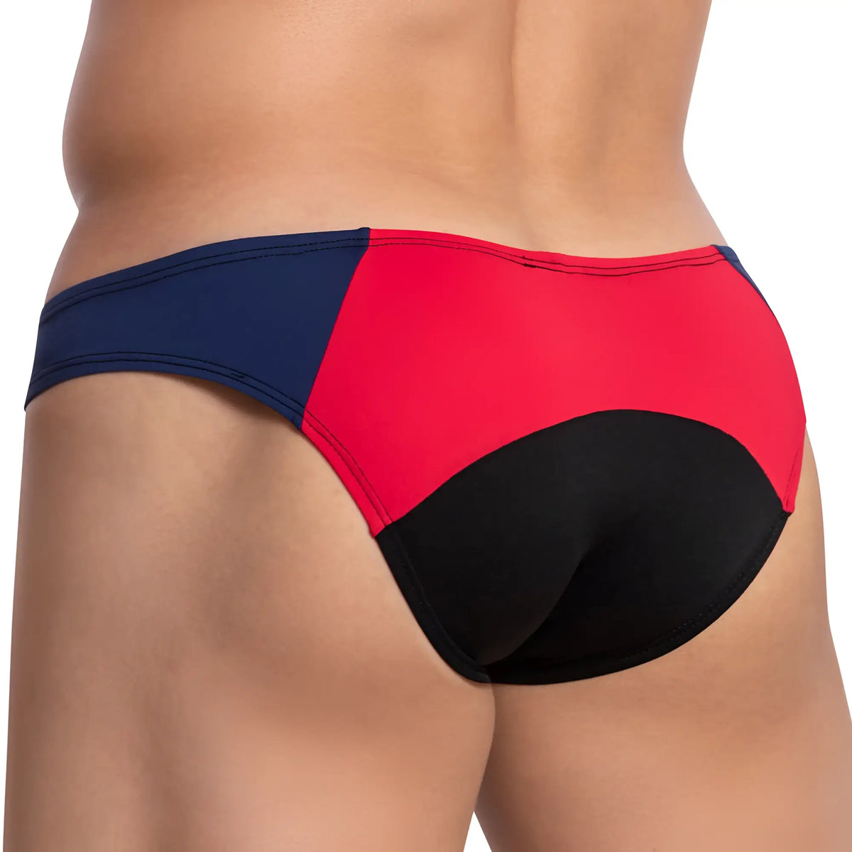 Daddy ddj021 bikini brief swim trunks in red navy blue and black color block design for beach and pool use