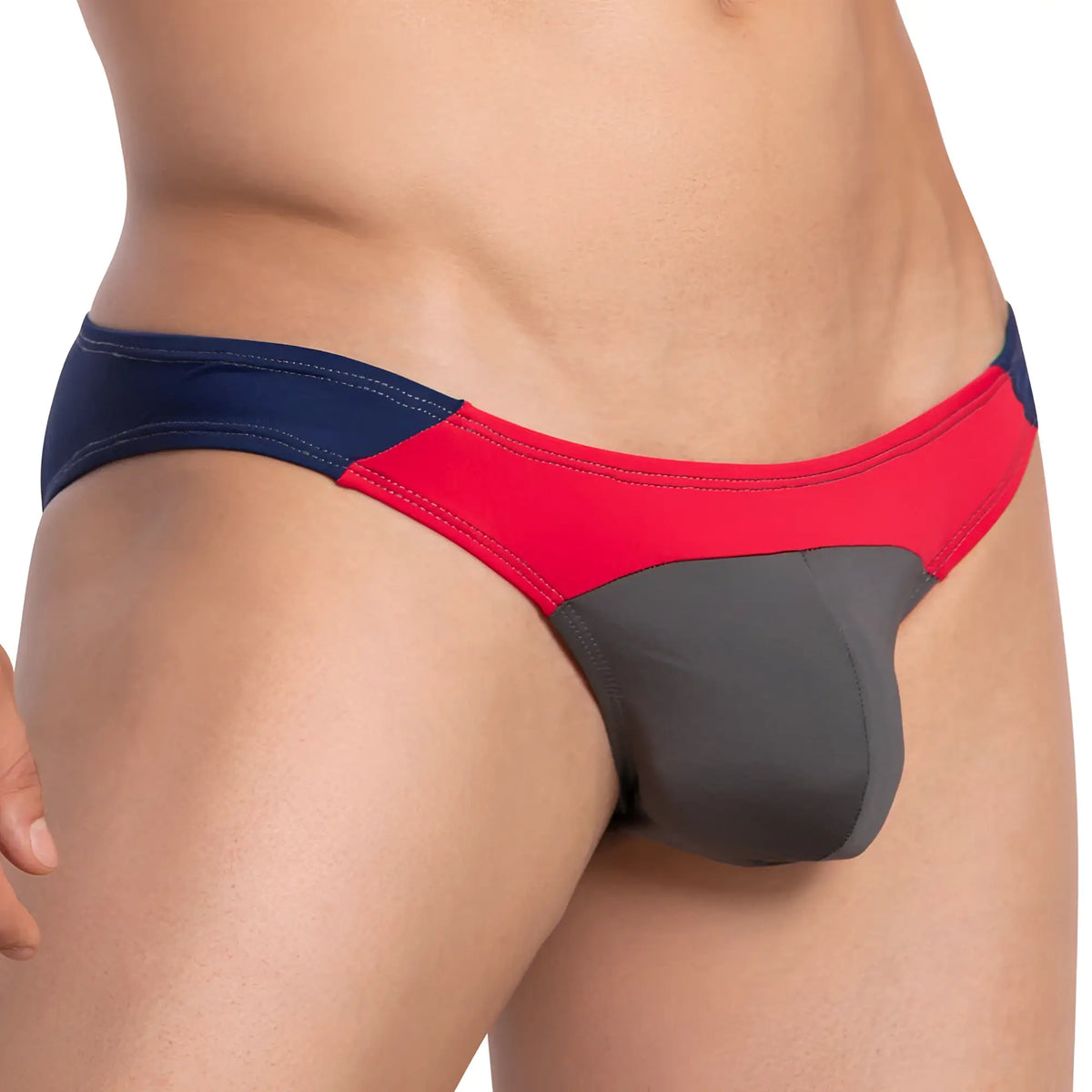 Daddy DDJ021 bikini brief in red navy blue and gray color-blocked snug fit swim trunks for swimming and beachwear