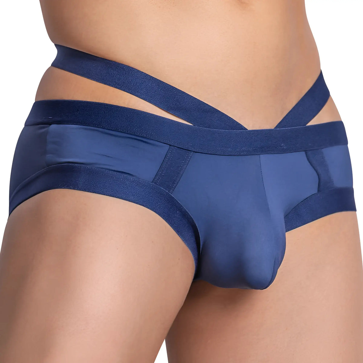 Navy blue satin daddy ddj022 brief with crossed elastic straps for a stylish and comfortable fit