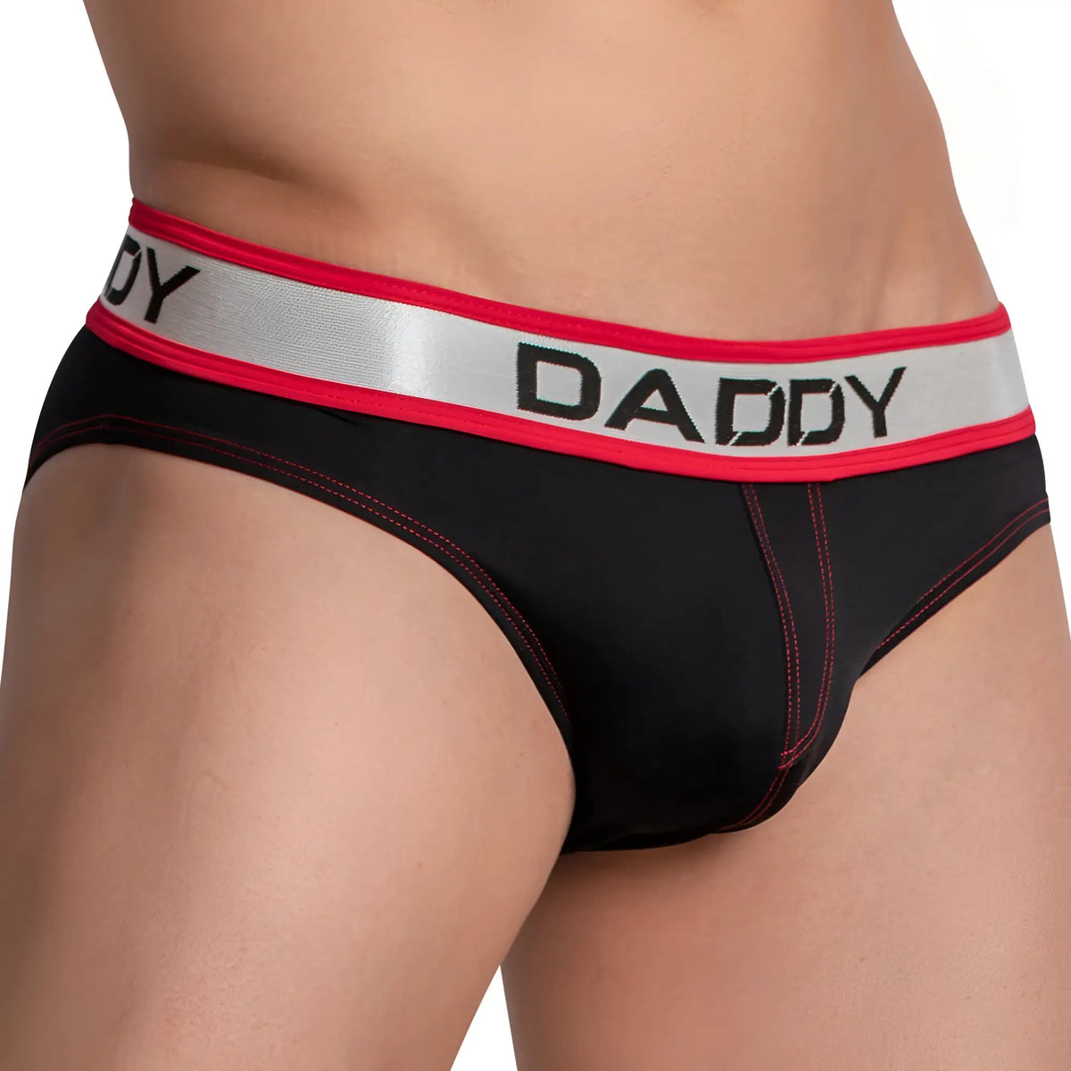 Black daddy brand briefs daddy ddj023 with a red and silver waistband featuring bold black lettering