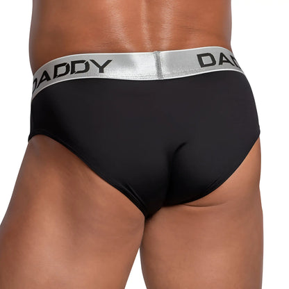 Black daddy brand briefs daddy ddj025 with a silver waistband featuring bold black lettering