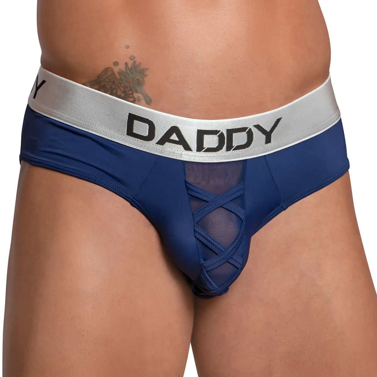 Blue daddy dDJ025 brief menâ€™s underwear in blue mesh with silver waistband and lace-up front detail