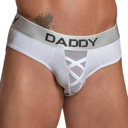 White menâ€™s daddy ddj025 brief underwear with silver waistband black lettering and mesh crisscross design