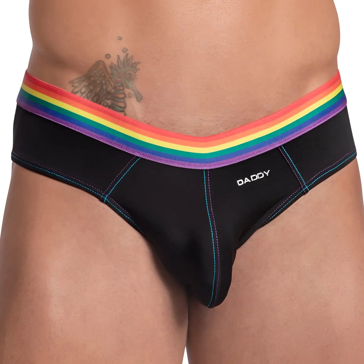 Black daddy brand briefs daddy ddj027 featuring a vibrant rainbow-striped waistband and teal stitching