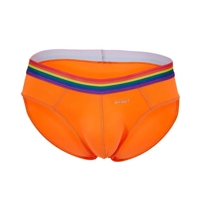 Bright orange daddy DDJ027 menâ€™s briefs with rainbow-striped waistband and embroidered brand name on front