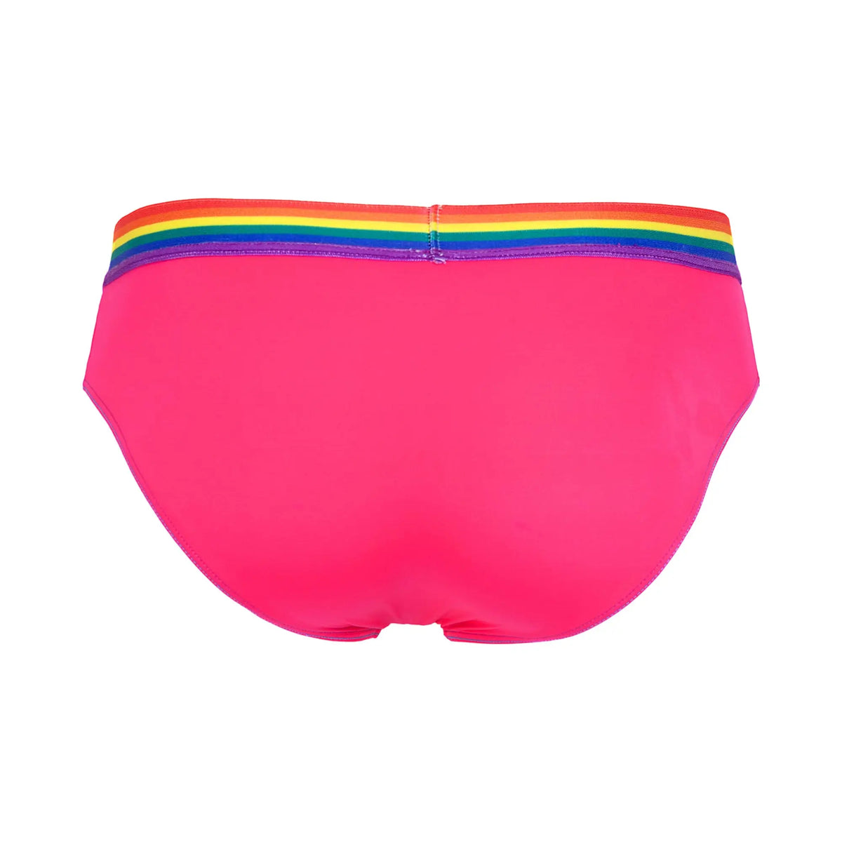 Bright pink daddy DDJ027 brief bikini bottom with rainbow-striped elastic waistband shown from the front