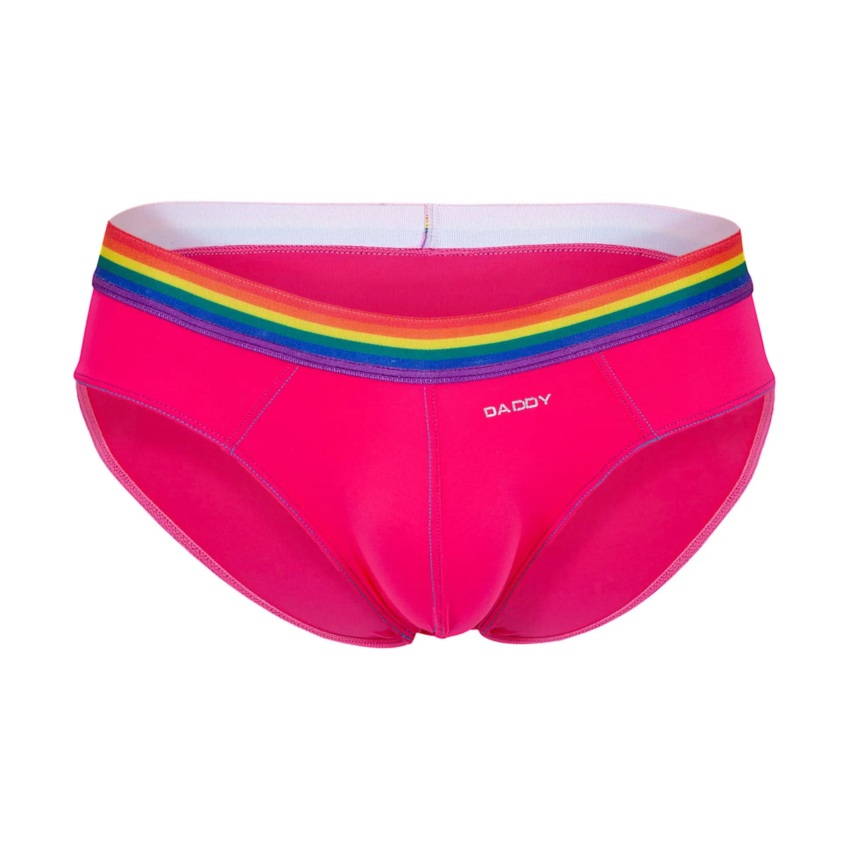 Bright pink daddy ddj027 briefs with rainbow stripe waistband offering comfortable stylish underwear