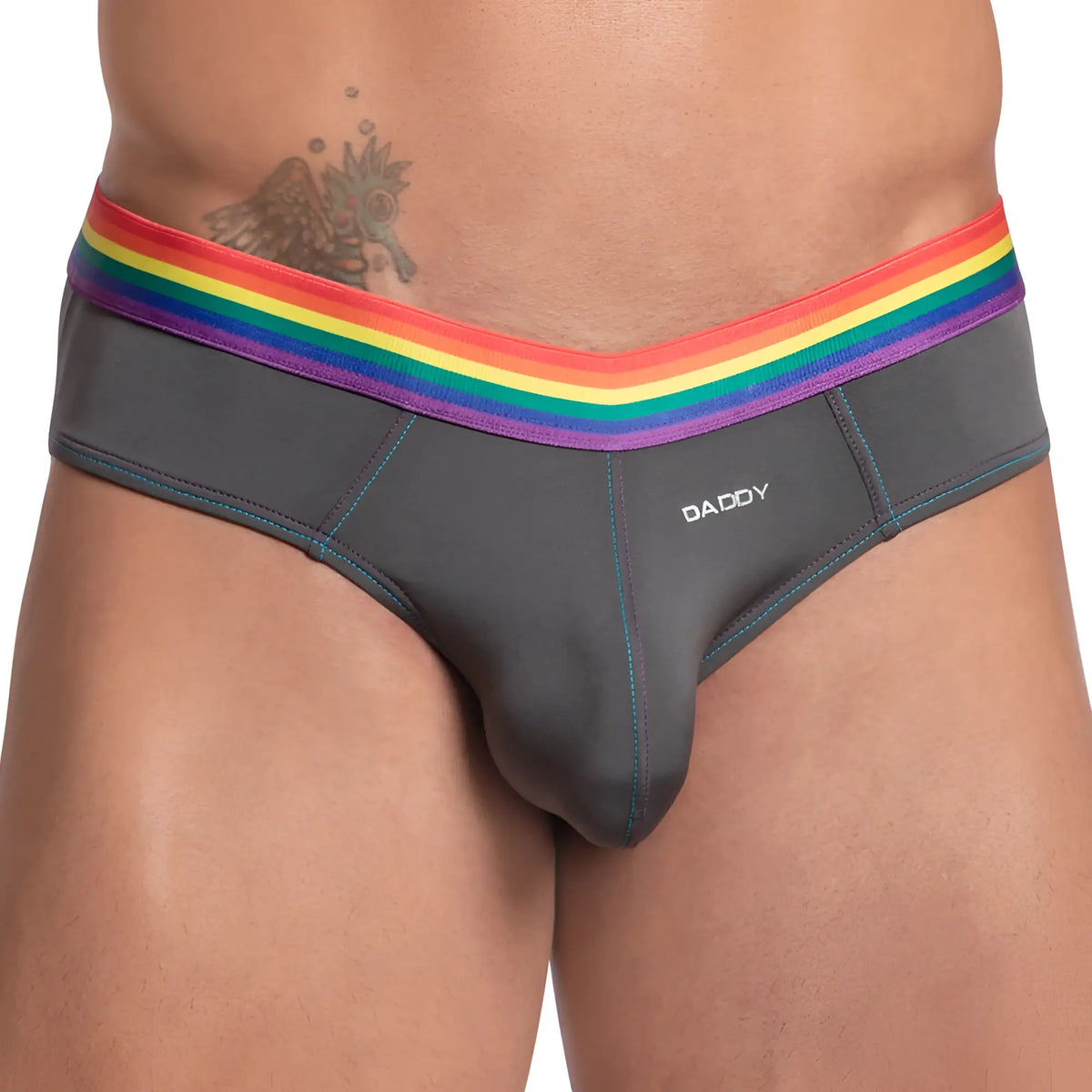 Gray daddy brand briefs daddy DDJ027 with a rainbow-striped elastic waistband designed for comfortable everyday wear