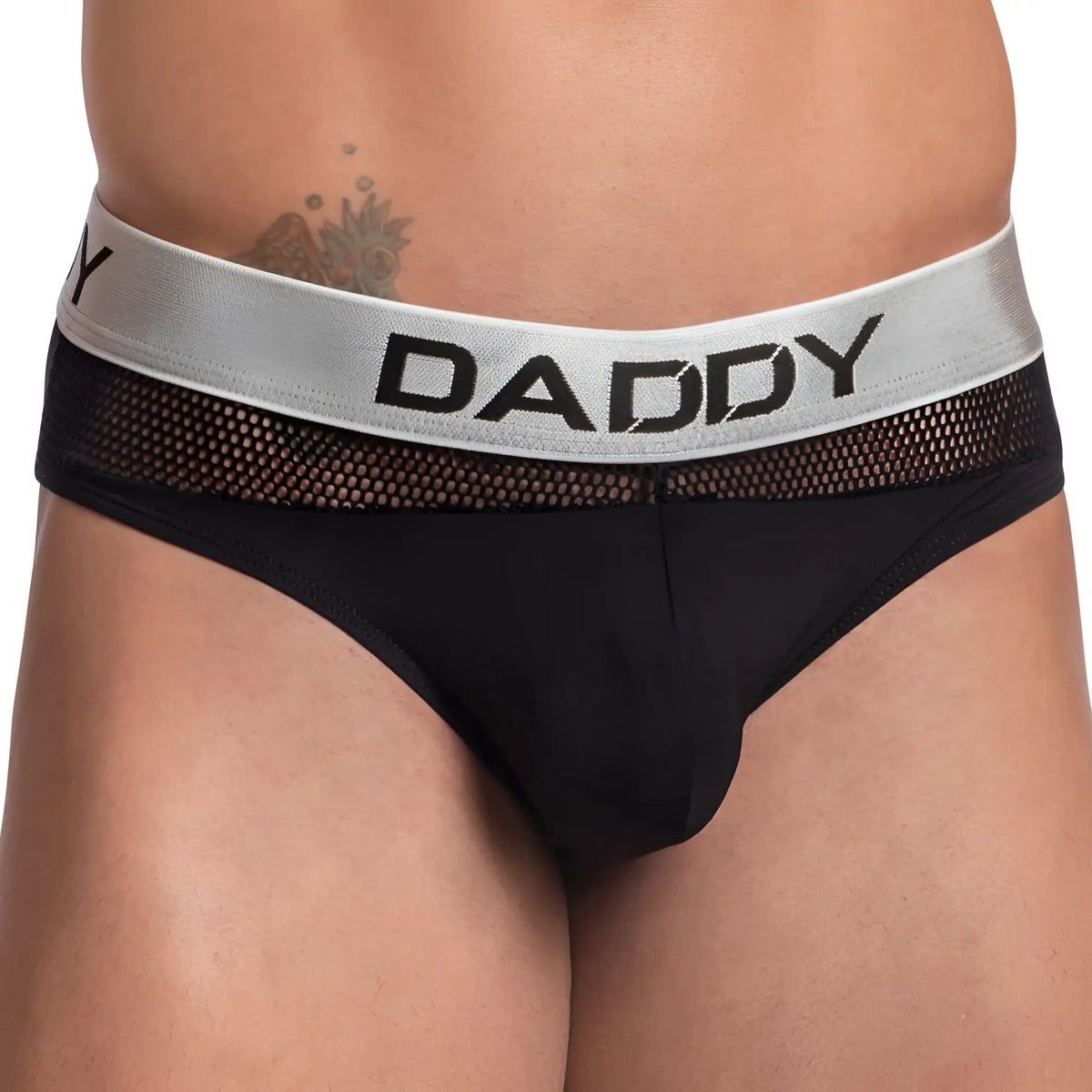 Black daddy brand daddy ddj028 bikini briefs with silver mesh waistband and bold black lettering front view