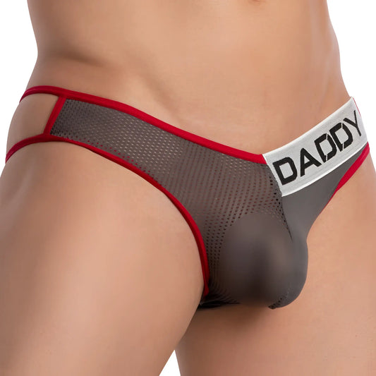 Gray mesh daddy ddj029 briefs with red trim and a white waistband featuring black lettering visible from the front