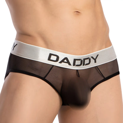 Black sheer mesh daddy ddj032 briefs with silver waistband and bold black daddy lettering