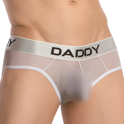 Daddy DDJ032 brief in silver with black daddy lettering, transparent mesh fabric, and white trim waistband