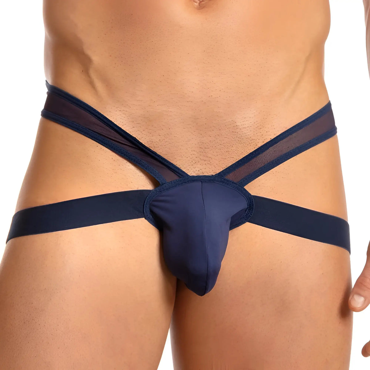 Navy blue mesh and solid fabric menâ€™s briefs with central pouch design daddy ddk030 thong front view