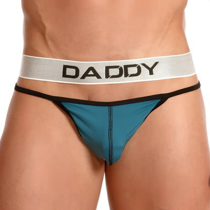 Teal and black daddy ddk032 thong with gray waistband and bold black lettering showing the back side of the product