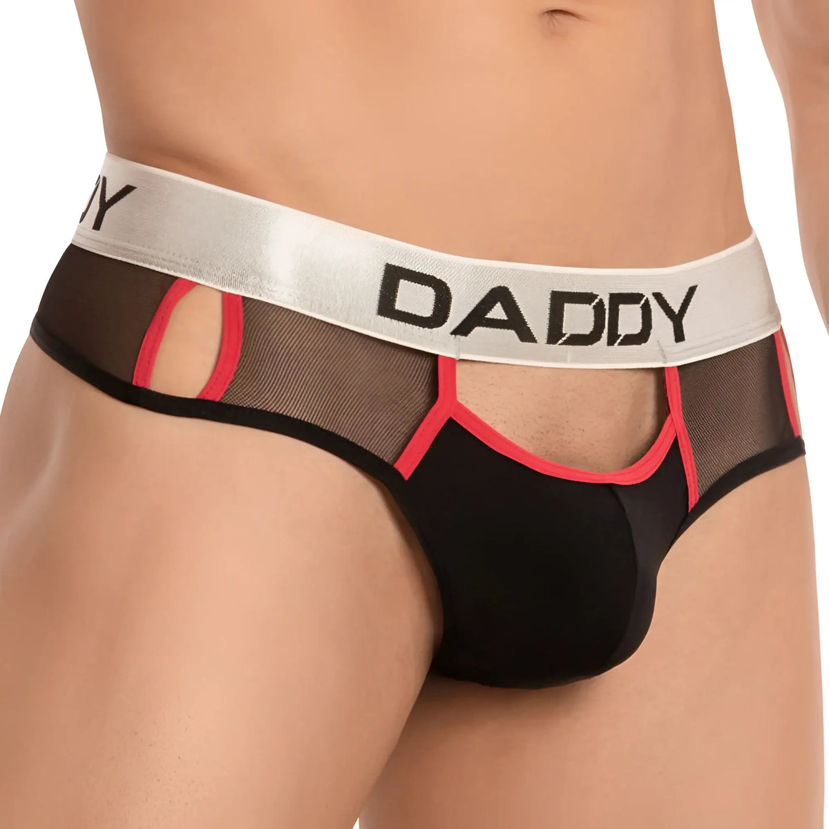 Black and red mesh daddy ddk034 thong with silver waistband featuring bold black daddy lettering