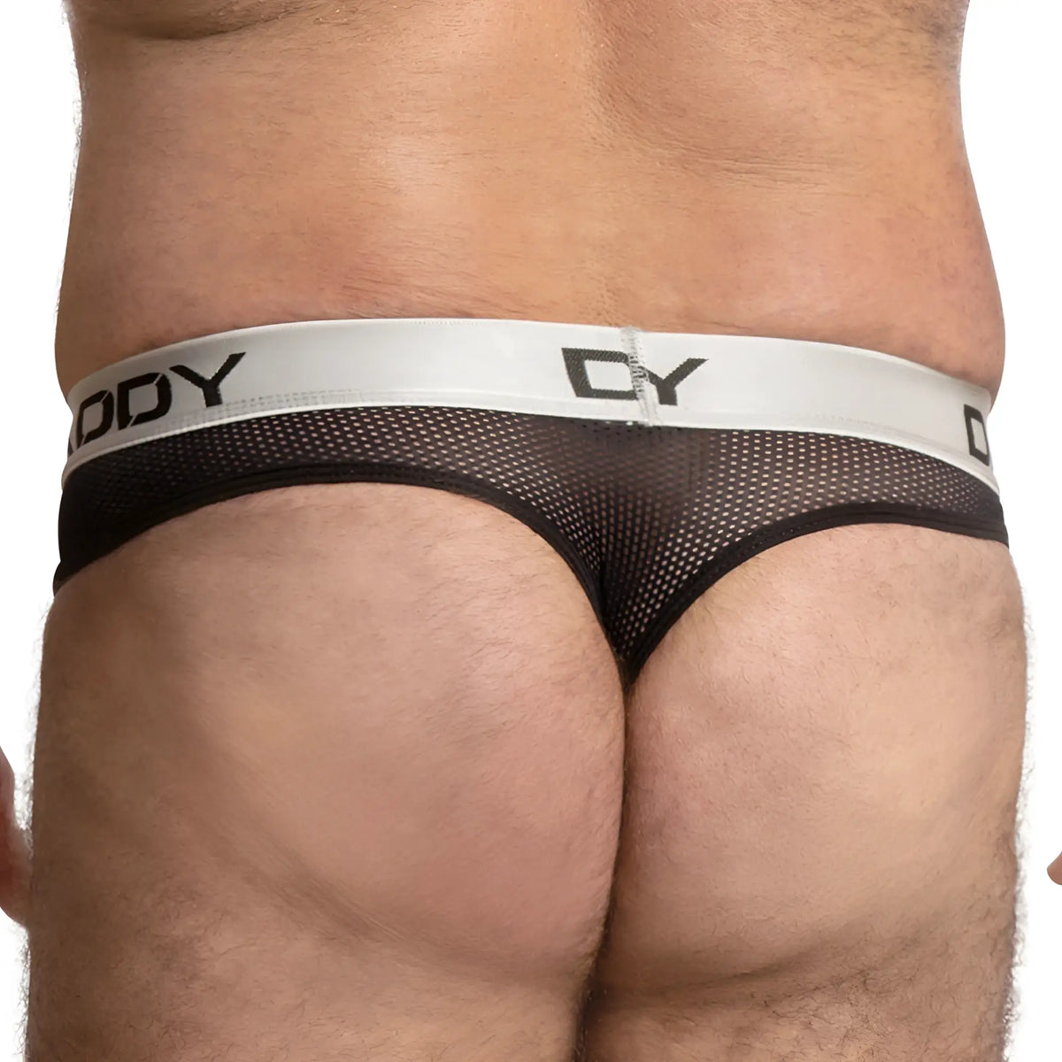 Black mesh Daddy DDK036 thong briefs with white elastic waistband featuring body logo in black lettering