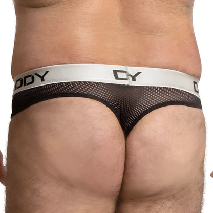 Black mesh Daddy DDK036 thong briefs with white elastic waistband featuring body logo in black lettering