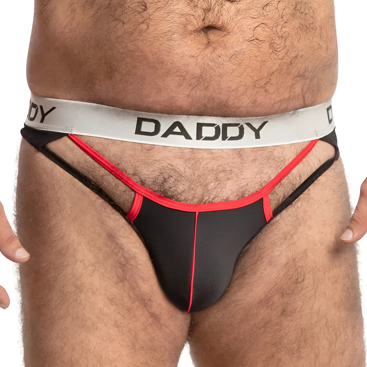 Black and red daddy ddk036 thong with silver waistband and bold black lettering on the front side