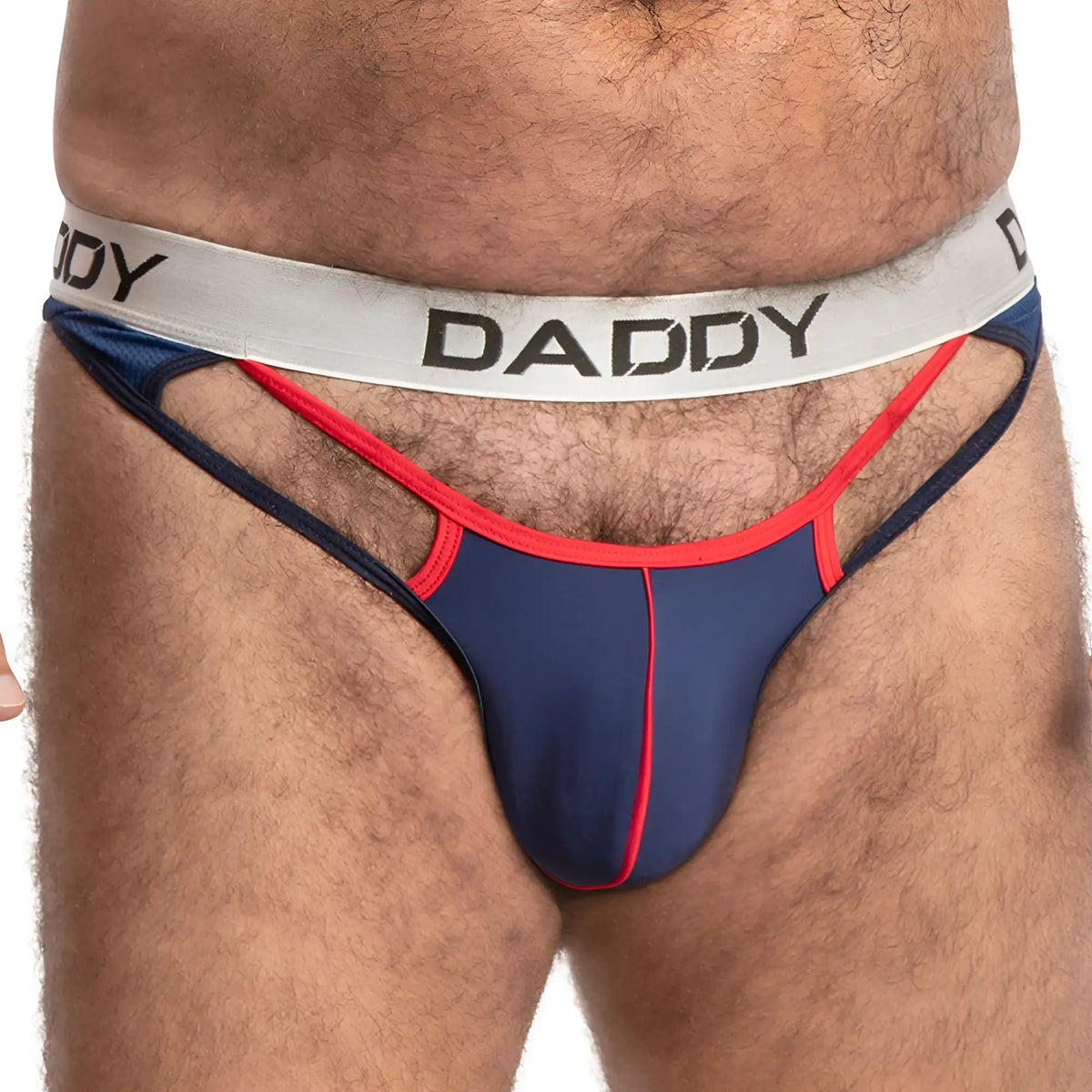 Navy blue and red thong with a white waistband featuring daddy in black lettering ddk036 thong back view
