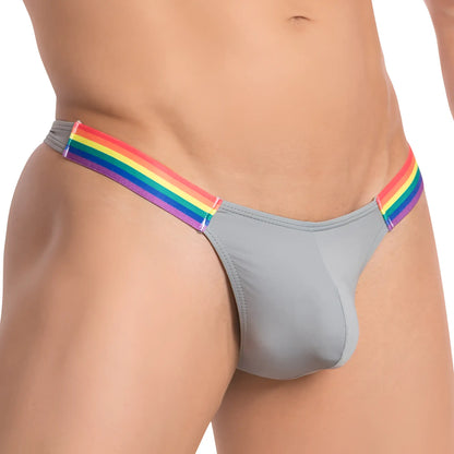Gray thong with rainbow-striped elastic waistband by daddy ddk037 showing the front side