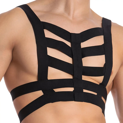 Black strappy Daddy DDU005 bodysuit and harness with a crisscross design front view