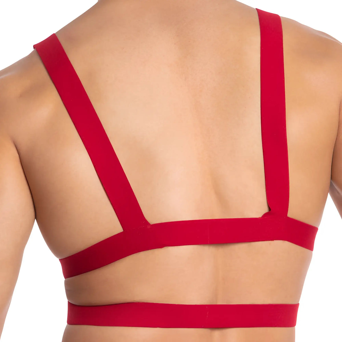 Red strap bra with minimalist geometric design from the daddy ddu005 bodysuit and harness collection