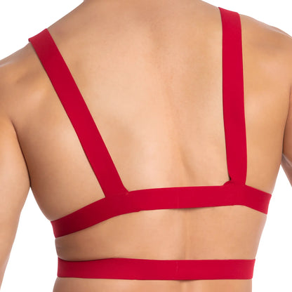 Red strap bra with minimalist geometric design from the daddy ddu005 bodysuit and harness collection