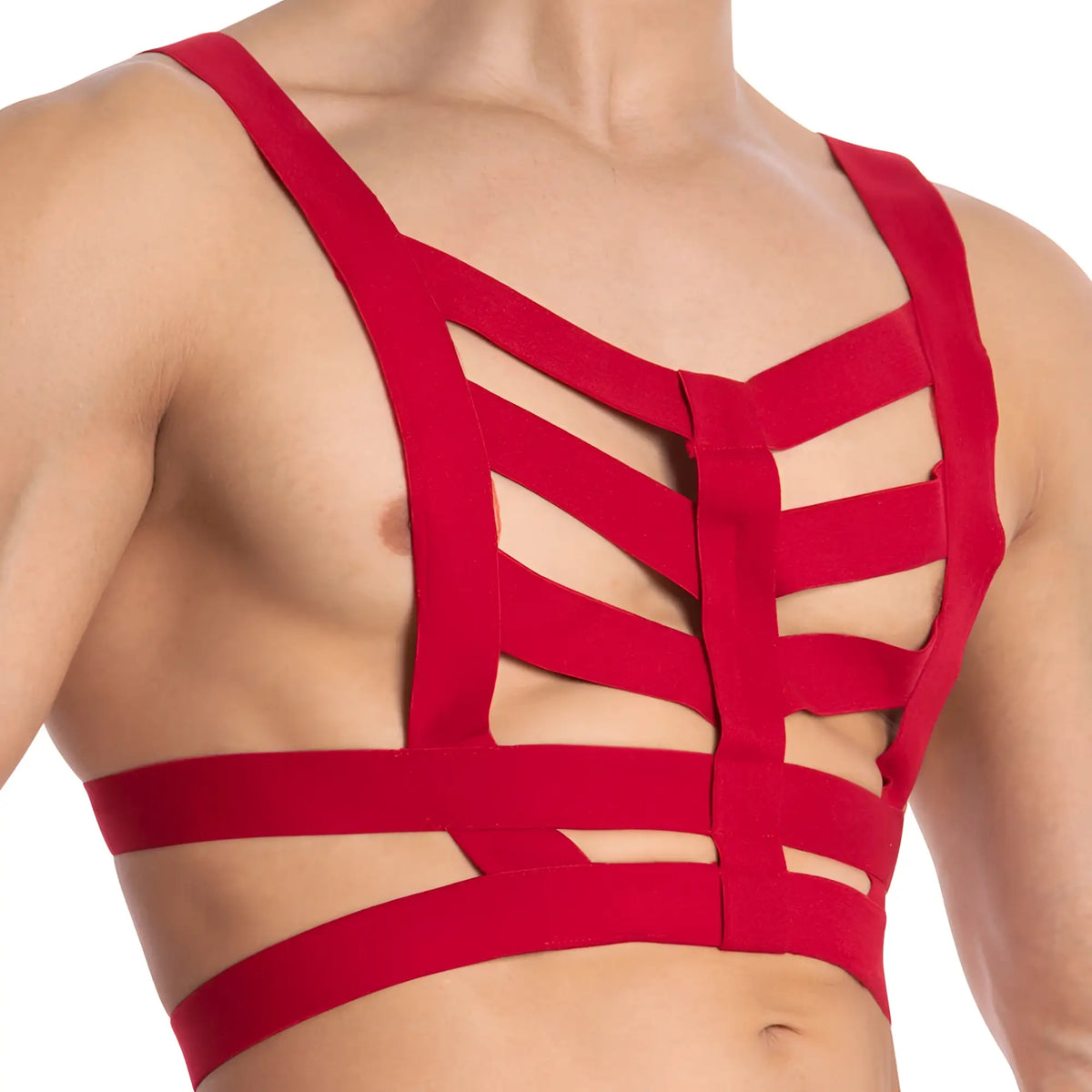 Red suede strap top bodysuit with bold geometric cutout design from daddy ddu005 harness collection