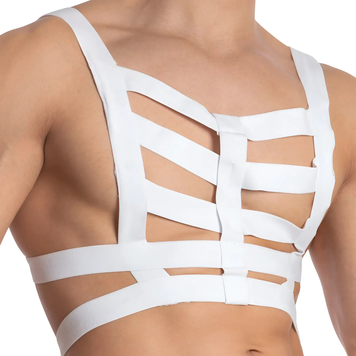 White fabric daddy ddu005 bodysuit harness with intersecting straps forming a skeletal pattern on the back