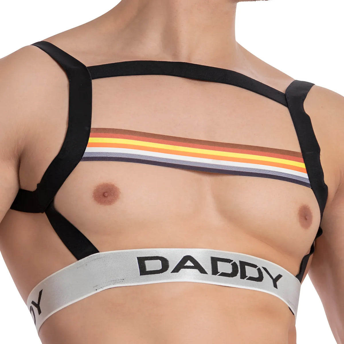 Black daddy ddu006 bodysuit and harness with rainbow chest band and silver waistband with bold black daddy lettering