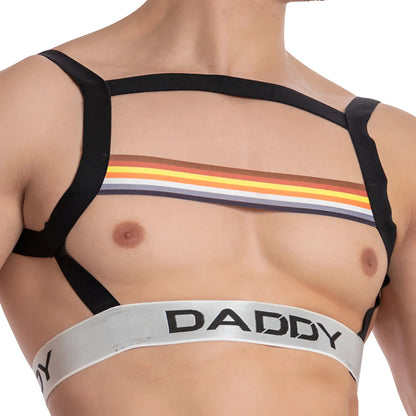 Black daddy ddu006 bodysuit and harness with rainbow chest band and silver waistband with bold black daddy lettering