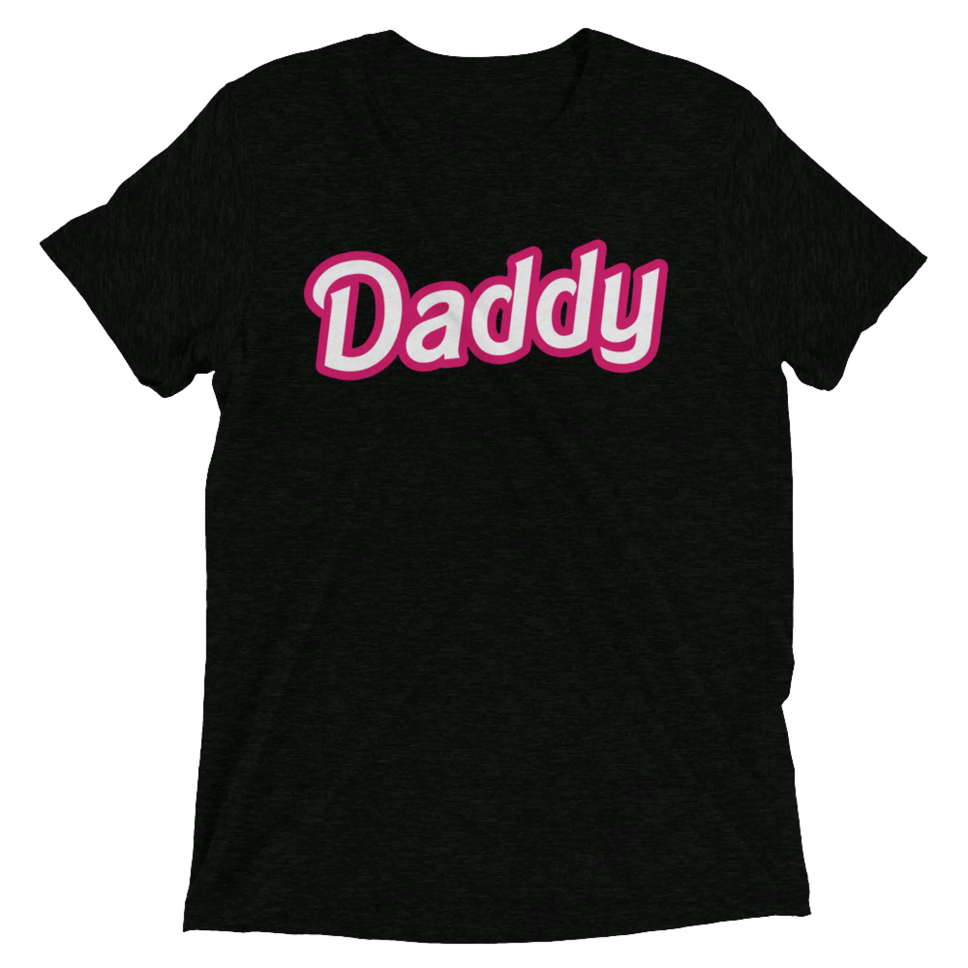 Black short-sleeved cotton t-shirt with bold pink and white daddy print across the chest from DADDY DOLL collection