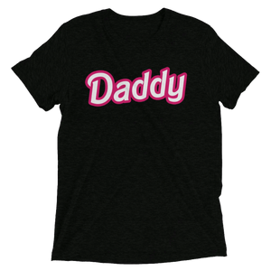 Black short-sleeved cotton t-shirt with bold pink and white daddy print across the chest from DADDY DOLL collection