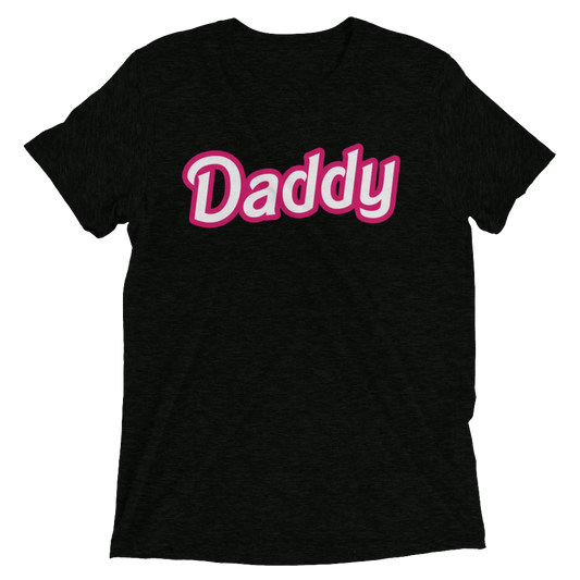 Black short-sleeved cotton t-shirt with bold pink and white daddy print across the chest from DADDY DOLL collection