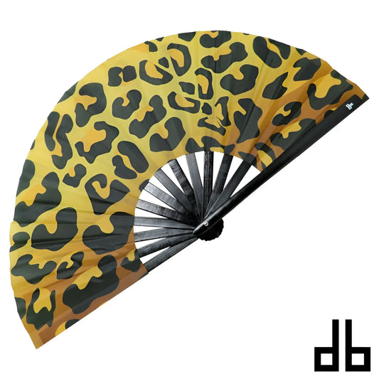 Daft boy fan leopard vibrant yellow and black leopard-print folding fan with sleek black handle for stylish cooling