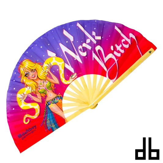 Daft boy fan colorful folding fan with a cartoon blonde woman and snake featuring bold work bitch text on gradient background