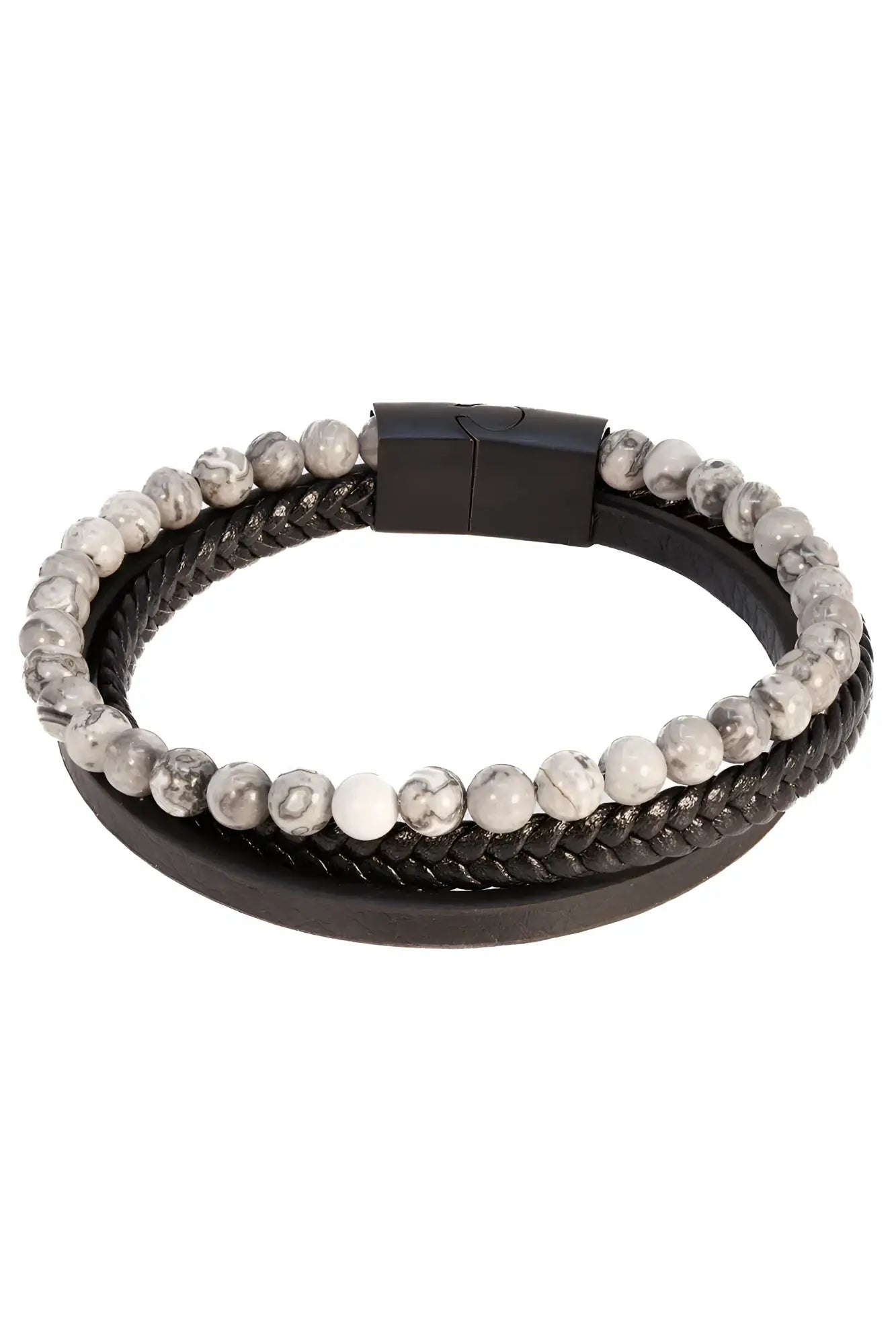 Dandyish fancy bracelet black braided leather with magnetic clasp and alternating gray marbled stone beads